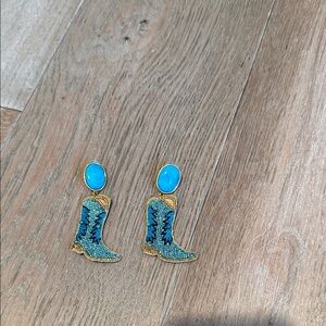 Blue and Gold hand  beaded Boot Earrings